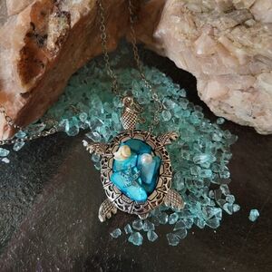 Blue Mother Of PearlTurtle Necklace - Coastal Inspired